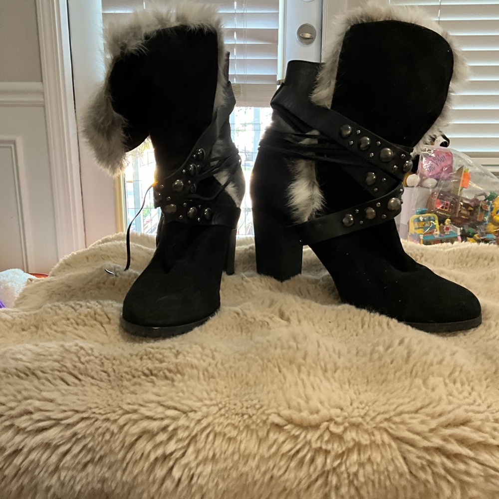 Black Ankle Boots with Plush Furry Texture